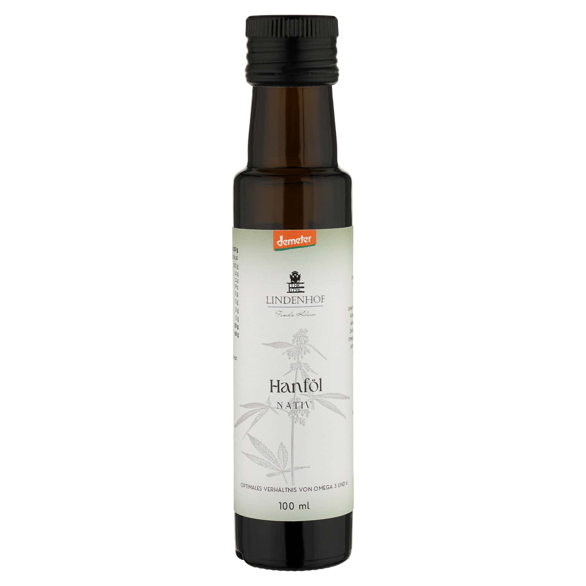 Demeter-Hanföl in einer dunklen Glasflasche mit natürlichem, hochwertigem Etikett – edles Design in warmen Naturtönen, das die Bio-Qualität und handwerkliche Herstellung des Öls unterstreicht, 100 ml.