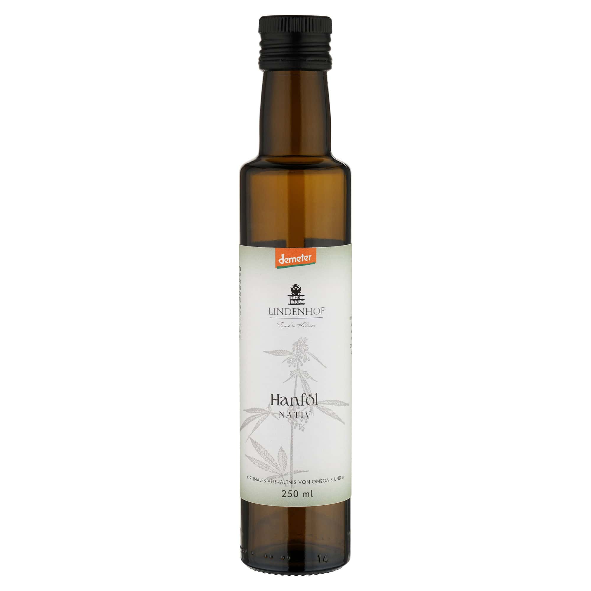 Demeter-Hanföl in einer dunklen Glasflasche mit natürlichem, hochwertigem Etikett – edles Design in warmen Naturtönen, das die Bio-Qualität und handwerkliche Herstellung des Öls unterstreicht, 250 ml.