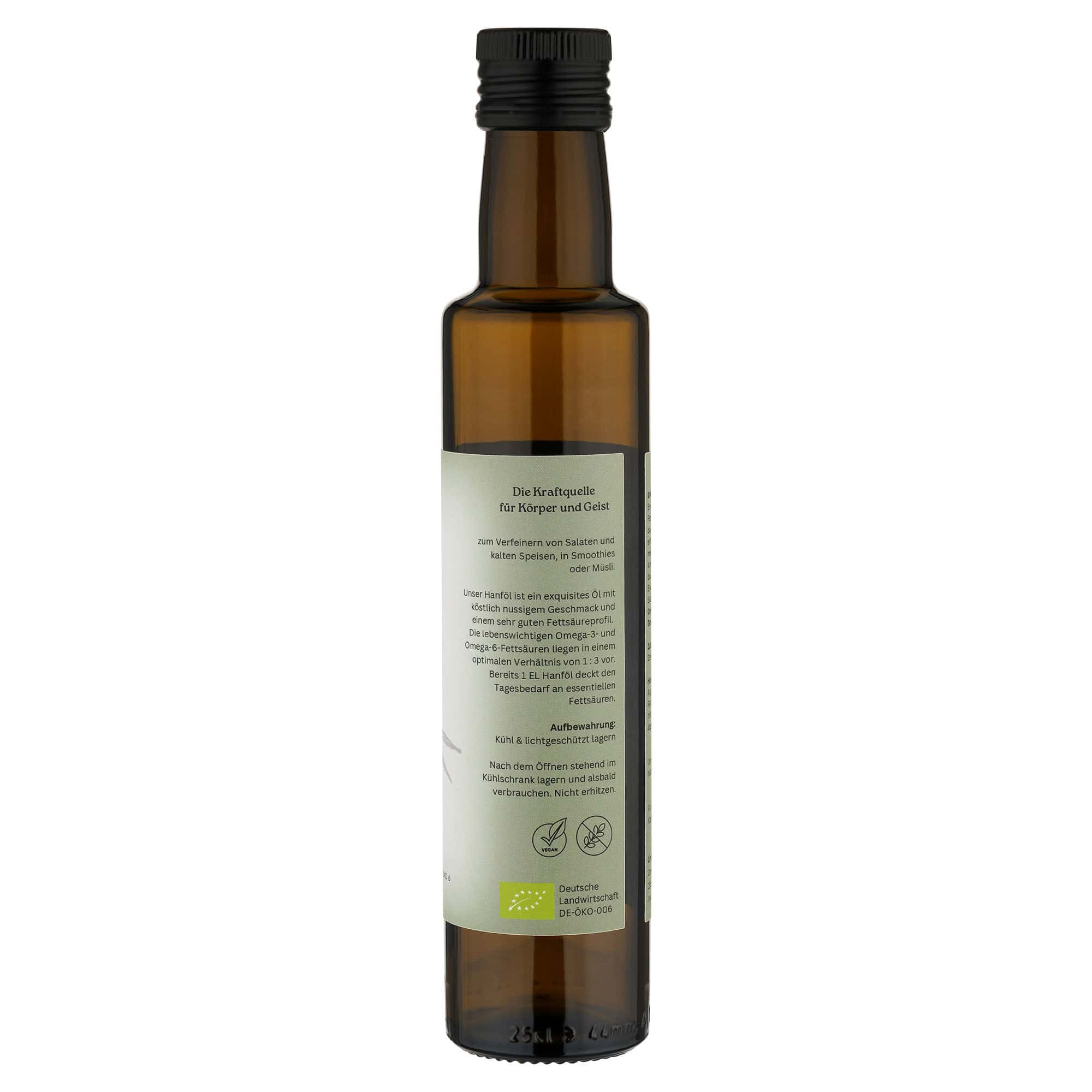 Demeter-Hanföl in einer dunklen Glasflasche mit natürlichem, hochwertigem Etikett – edles Design in warmen Naturtönen, das die Bio-Qualität und handwerkliche Herstellung des Öls unterstreicht 250 ml