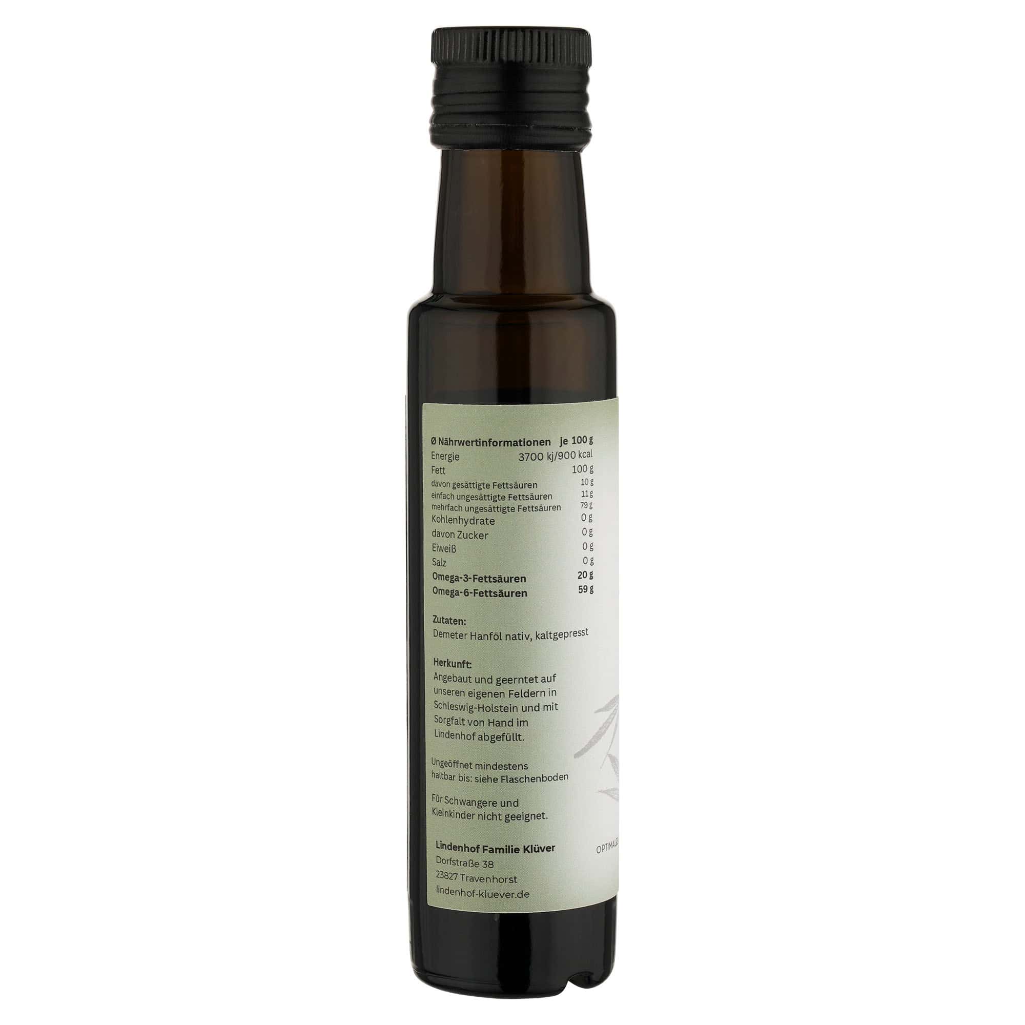 Demeter-Hanföl in einer dunklen Glasflasche mit natürlichem, hochwertigem Etikett – edles Design in warmen Naturtönen, das die Bio-Qualität und handwerkliche Herstellung des Öls unterstreicht 100 ml