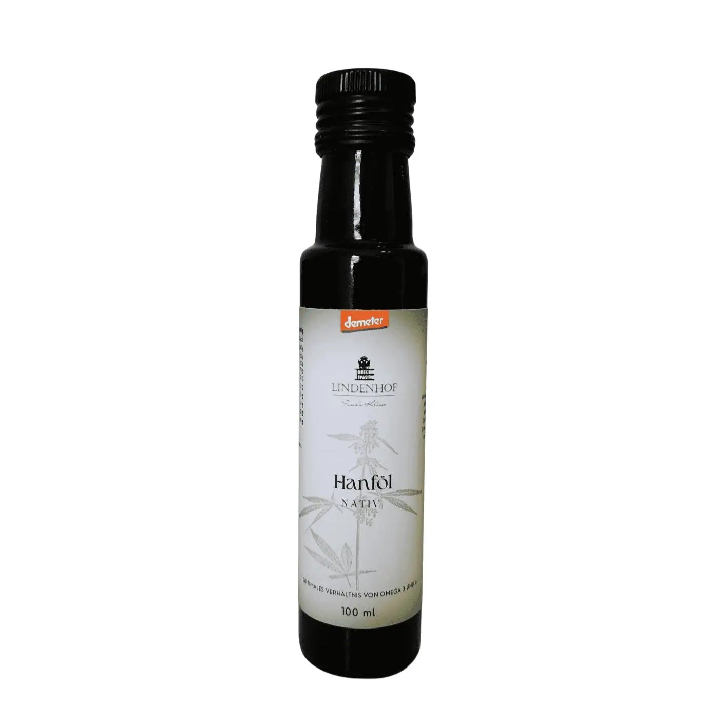 Demeter-Hanföl in einer dunklen Glasflasche mit natürlichem, hochwertigem Etikett – edles Design in warmen Naturtönen, das die Bio-Qualität und handwerkliche Herstellung des Öls unterstreicht.