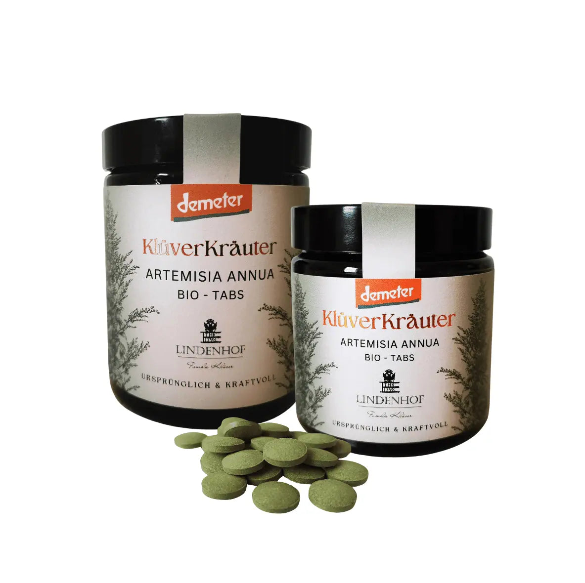 Artemisia annua Tabs in Demeter-Qualität, nachhaltig produziert und frei von Zusätzen, präsentiert in umweltfreundlichem Glastiegel.