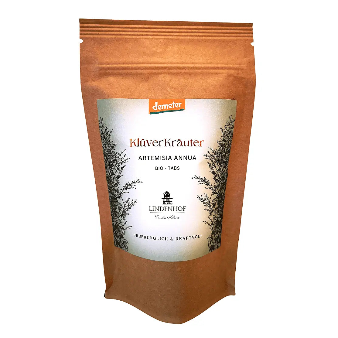 Artemisia annua Tabs in Demeter-Qualität, nachhaltig produziert und frei von Zusätzen, präsentiert in umweltfreundlichem Nachfüllbeutel.