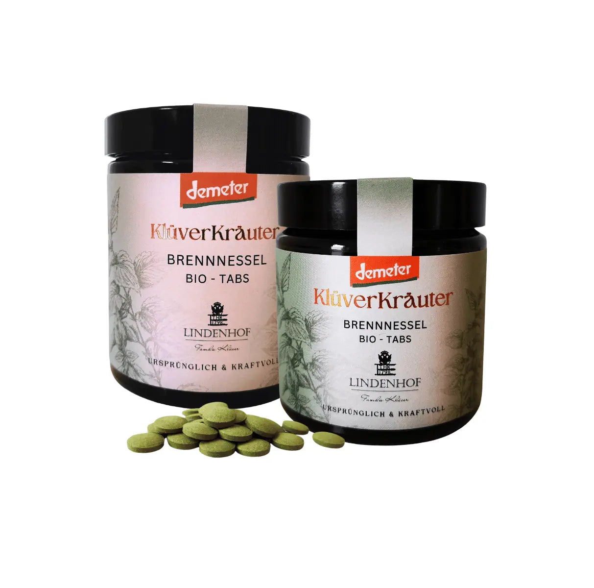 Reine Brennnessel Tabs in Demeter-Qualität, nachhaltig produziert und frei von Zusätzen, präsentiert in umweltfreundlichem Glastiegel.