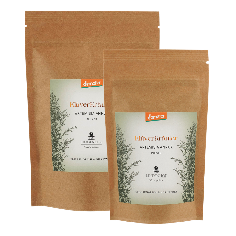 Demeter Artemisia annua, einjähriger Beifuß Pulver von KlüverKräuter, nachhaltig hergestellt auf dem Lindenhof Klüver, präsentiert in umweltfreundilichem Standbodenbeutel 100g und 200g