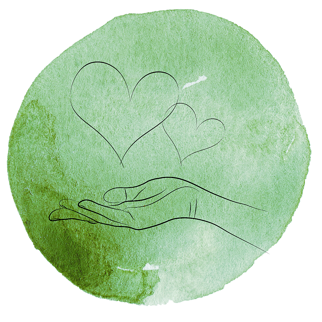 Grünes Icon mit einer Hand und Herzen darüber, als Symbol der mit Liebe handgefertigten Produkte des Lindenhof Klüver