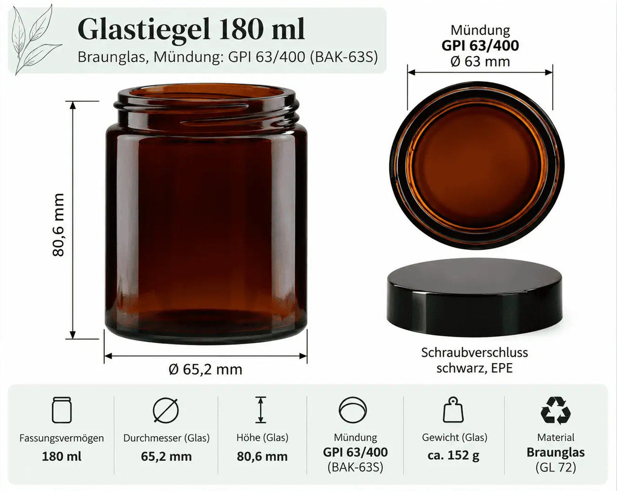 Braunglas-Tiegel 180 ml mit schwarzem Schraubverschluss
