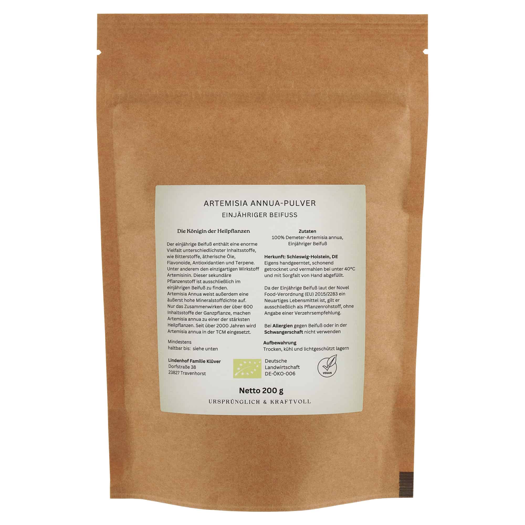 Natürlich grünes Pulver von Artemisia annua in 100% Demeter-Qualität. Nachhaltig angebaut und auf einem edlen Holzbrett in 200g Packungsgrößen präsentiert.