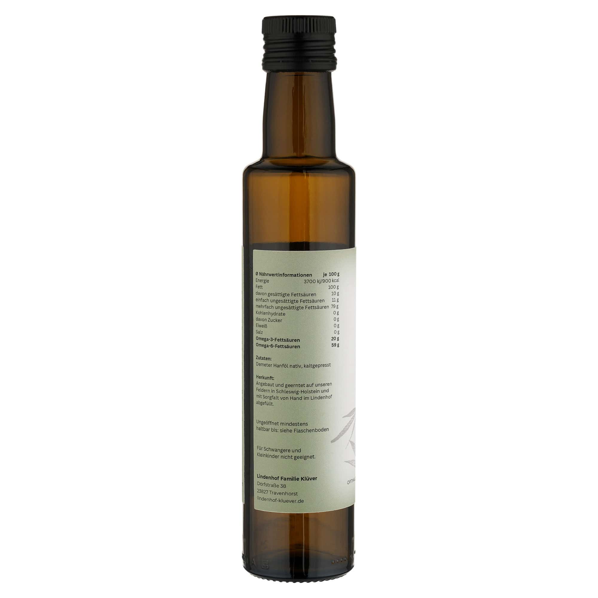 Demeter-Hanföl in einer dunklen Glasflasche mit natürlichem, hochwertigem Etikett – edles Design in warmen Naturtönen, das die Bio-Qualität und handwerkliche Herstellung des Öls unterstreicht 250 ml