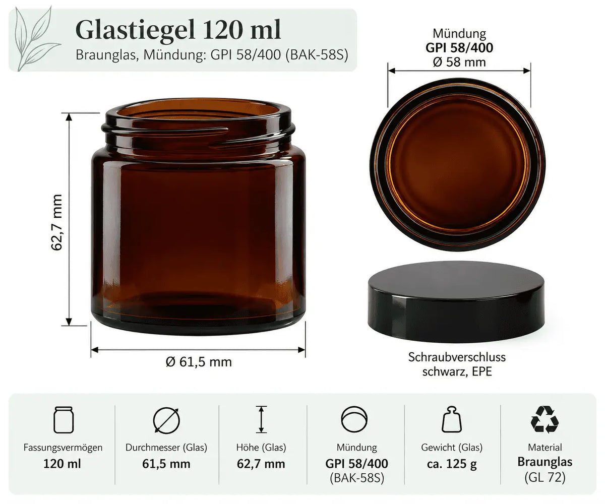 Braunglas-Tiegel 120 ml mit schwarzem Schraubverschluss