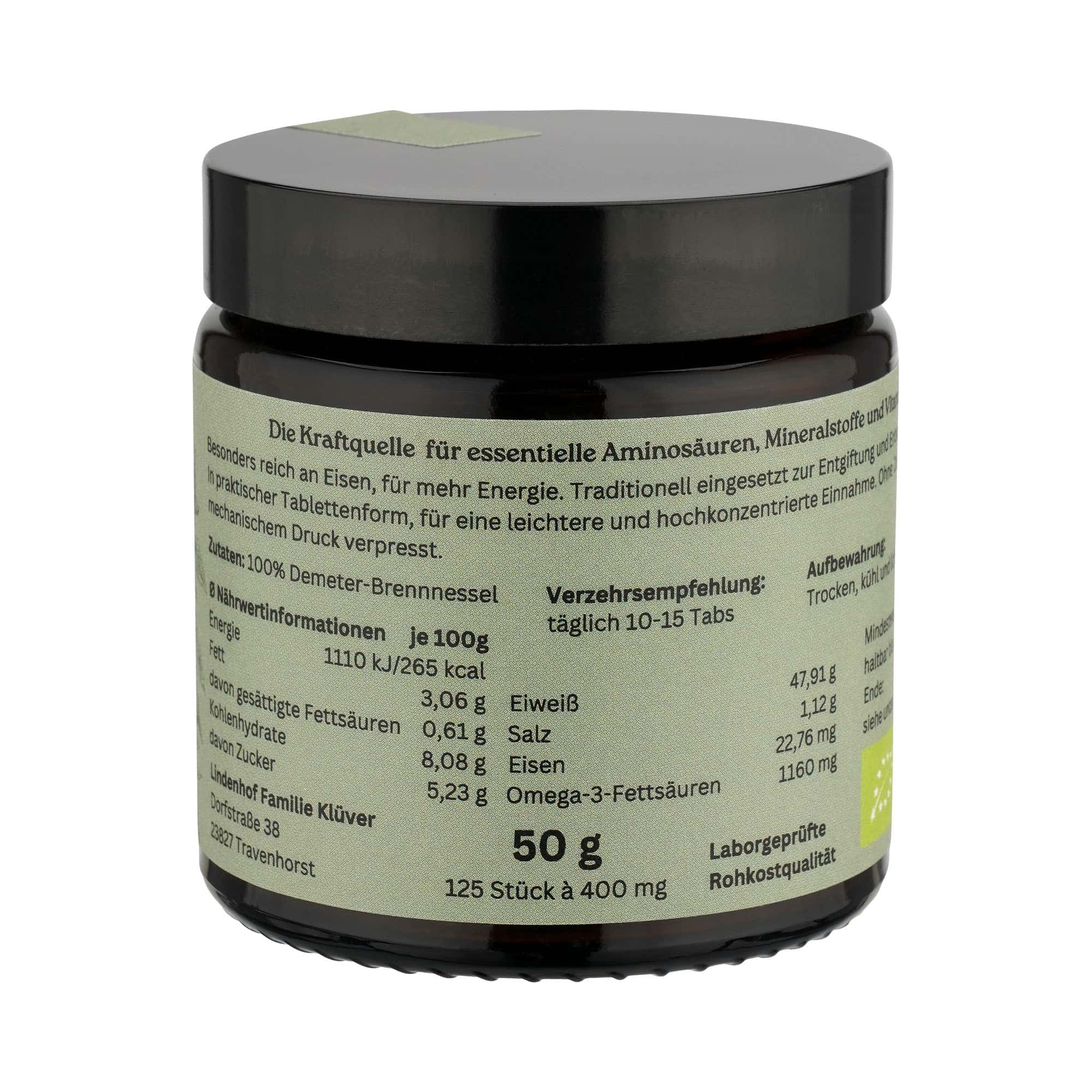 Reine Brennnessel Tabs in Demeter-Qualität, nachhaltig produziert und frei von Zusätzen, präsentiert in umweltfreundlichem Glastiegel 50g