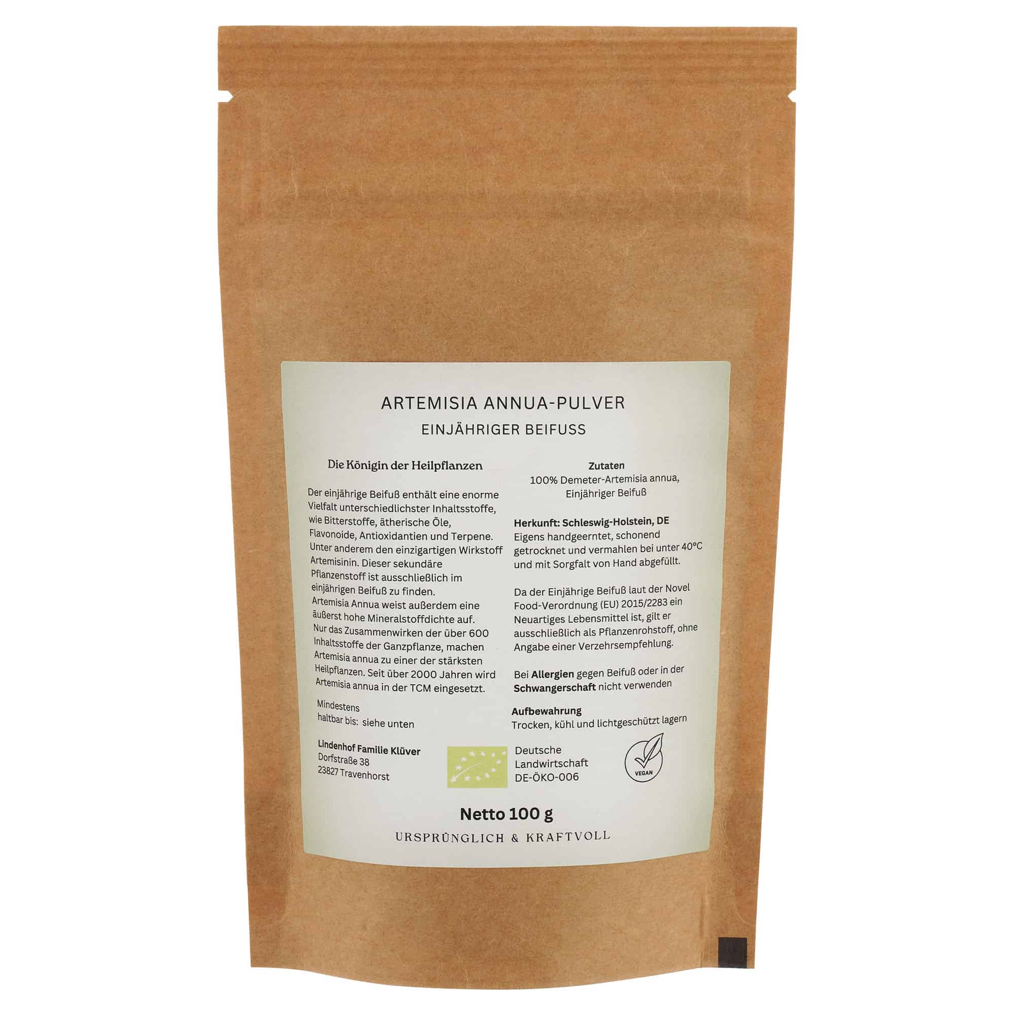 Natürlich grünes Pulver von Artemisia annua in 100% Demeter-Qualität. Nachhaltig angebaut und auf einem edlen Holzbrett in 100g Packungsgrößen präsentiert.